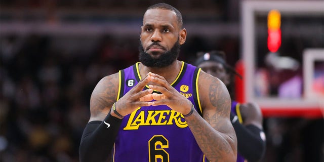 Los Angeles Lakers forward LeBron James (6) reacts during an NBA game between the Los Angeles Lakers and the Chicago Bulls on March 29, 2023, at the United Center in Chicago, IL. 