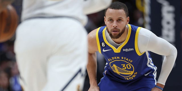 Stephen Curry of the Golden State Warriors plays the Denver Nuggets in the fourth quarter at Ball Arena Feb. 2, 2023, in Denver, Colo. 