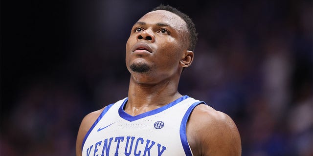Oscar Tshiebwe #34 of the Kentucky Wildcats during the game against the Vanderbilt Commodores during the quarterfinals of the 2023 SEC Basketball Tournament on March 10, 2023 in Nashville, Tennessee.