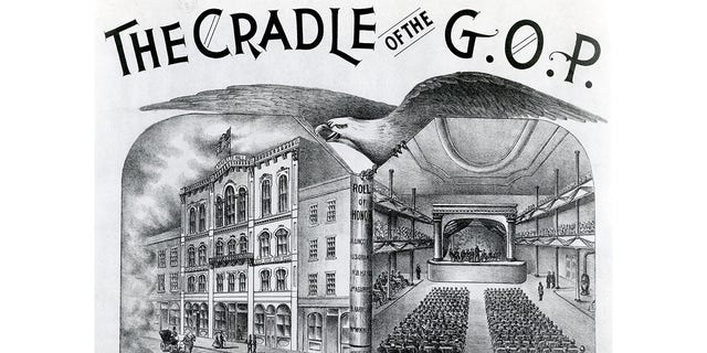 Illustration entitled "THE CRADLE OF THE G.O.P.," depicting the first Republican convention held at Lafayette Hall in Pittsburgh on Feb. 22, 1856. Shows two views: one of hall's exterior, one of interior during proceedings.