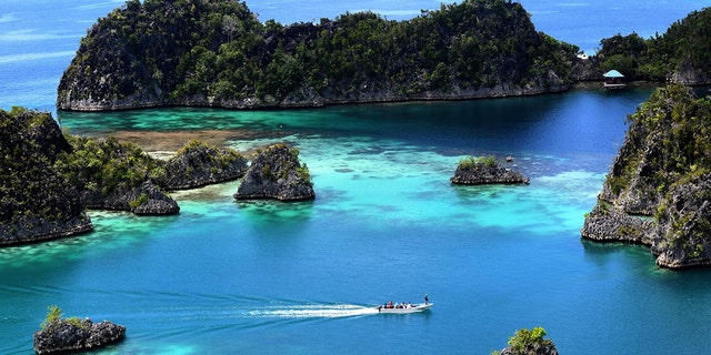 This photo, taken on Aug. 21, 2017, shows the blue sea around Raja Ampat, which means "Four Kings" in Indonesian.