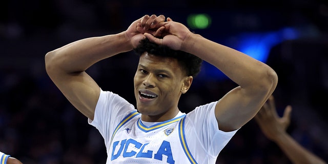 Jaylen Clark #0 of the UCLA Bruins reacts to a play during the second half against the Stanford Cardinal at UCLA Pauley Pavilion on February 16, 2023 in Los Angeles, California.