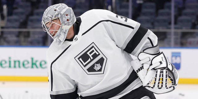 Jonathan Quick, #32 of the Los Angeles Kings, skates during warmups before a game against the New York Islanders at UBS Arena on Feb. 24, 2023 in Elmont, New York.