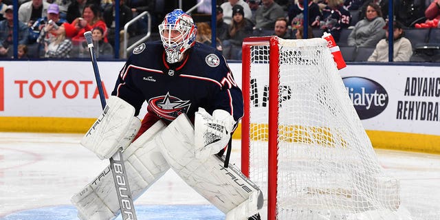 Goaltender Joonas Korpisalo, #70 of the Columbus Blue Jackets, defends the net during the second period of a game against the Edmonton Oilers at Nationwide Arena on Feb. 25, 2023 in Columbus, Ohio.