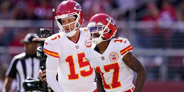 Kansas City Chiefs quarterback Patrick Mahomes (15) celebrates with wide receiver Mecole Hardman (17) during the first half of a game against the San Francisco 49ers in Santa Clara, Calif., Oct. 23, 2022.