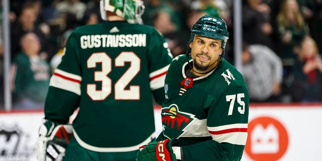 Ryan Reaves, #75 of the Minnesota Wild, looks on after his goal against the Chicago Blackhawks in the second period of the game at Xcel Energy Center on March 25, 2023 in St Paul, Minnesota.