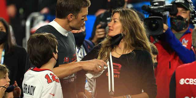 Tom Brady is pictured with wife Giselle Bundchen after winning Super Bowl LV Feb. 7, 2021. Brady and Bundchen announced they were getting divorced Oct. 28, 2022.