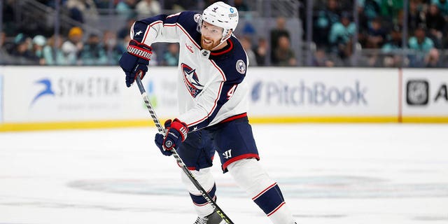 Vladislav Gavrikov, #4 of the Columbus Blue Jackets, shoots during the third period against the Seattle Kraken at Climate Pledge Arena on Jan. 28, 2023 in Seattle.