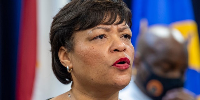 New Orleans Mayor LaToya Cantrell speaks at the police headquarters in New Orleans about the uptick in crime around the city, on Feb. 2, 2022.