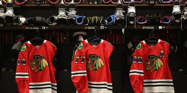 CHICAGO, ILLINOIS - APRIL 12: Rainbow colors are shown on the Chicago Blackhawks warm-up jerseys for Pride Night prior to the game against the Los Angeles Kings at United Center on April 12, 2022 in Chicago, Illinois.