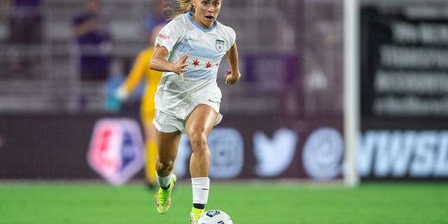 Sarah Gorden of the Chicago Red Stars dribbles the ball during a game against the Orlando Pride at Exploria Stadium Oct. 29, 2021, in Orlando, Fla.