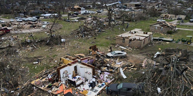 Tornado damage in Rolling Fork, Mississippi, from a recent violent storm in the area. Americans in the South and Midwest are again being told to brace for severe weather conditions as another major storm system passes through Middle America.