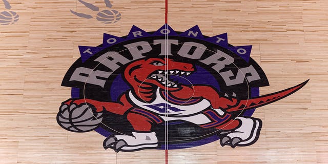 Overall view at Scotiabank arena court with retro logo of Toronto Raptors during the Toronto Raptors versus Atlanta Hawks NBA regular season game at Scotiabank Arena on Jan. 28, 2020 in Toronto. The Raptors won 130-114. 