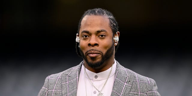 Former NFL player and Thursday Night Football analyst Richard Sherman before a game between the Chicago Bears and the Washington Commanders at Soldier Field Oct. 13, 2022, in Chicago.