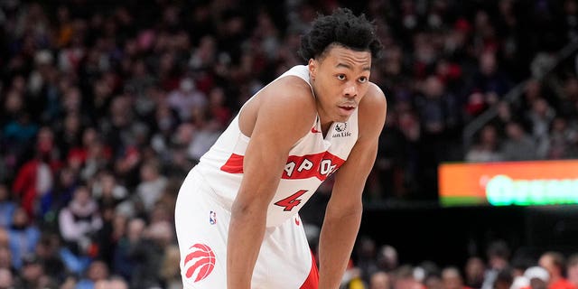Scottie Barnes, #4 of the Toronto Raptors, looks on against the Chicago Bulls during the second half of their basketball game at the Scotiabank Arena on Feb. 28, 2023 in Toronto.