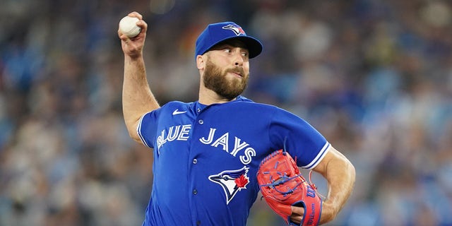Anthony Bass, #52 of the Toronto Blue Jays, pitches during the game between the Detroit Tigers and the Toronto Blue Jays at Rogers Centre on Tuesday, April 11, 2023 in Toronto.
