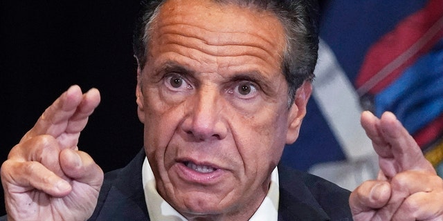 Andrew Cuomo gesturing at news conference
