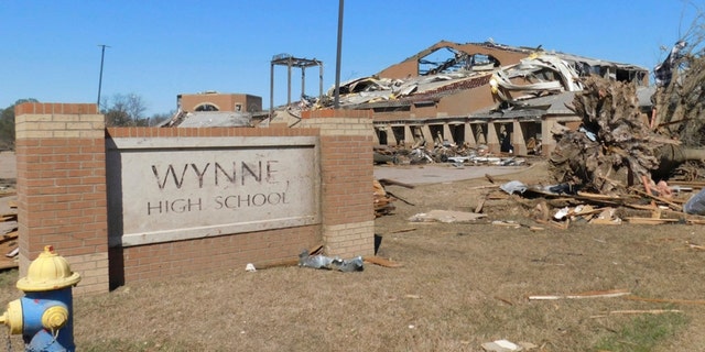 Damage is seen at Wynne High School early Saturday, April 1, 2023, in Wynne, Ark., following severe weather the previous night. 