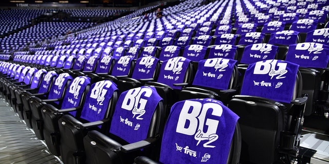 The Phoenix Mercury displayed Brittney Griner No. 42 towels prior to a game against the Chicago Sky Aug. 14, 2022, at Footprint Center in Phoenix, Ariz.
