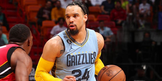 Dillon Brooks (24) of the Memphis Grizzlies dribbles the ball during a game against the Miami Heat March 15, 2023, at Miami-Dade Arena in Miami, Fla. 