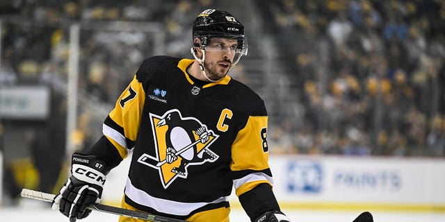 Penguins center Sidney Crosby during the Chicago Blackhawks game on April 11, 2023, at PPG Paints Arena in Pittsburgh.
