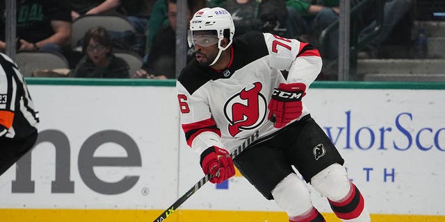 P.K. Subban of the New Jersey Devils handles the puck against the Stars at the American Airlines Center on April 9, 2022, in Dallas, Texas.