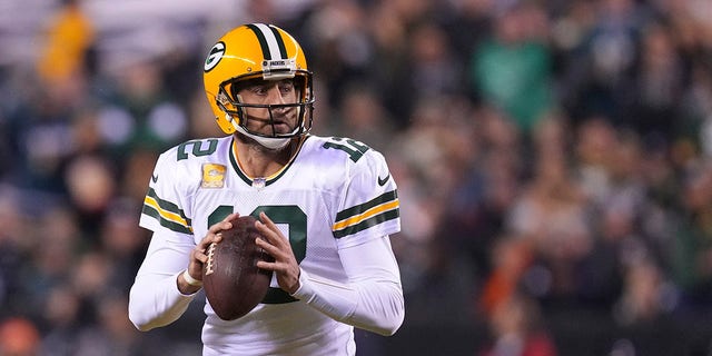 Aaron Rodgers, #12 of the Green Bay Packers, looks to pass the ball against the Philadelphia Eagles at Lincoln Financial Field on November 27, 2022, in Philadelphia, Pennsylvania. 