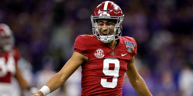 Bryce Young #9 of the Alabama Crimson Tide reacts after throwing a touchdown pass during the fourth quarter of the Allstate Sugar Bowl against the Kansas State Wildcats at Caesars Superdome on December 31, 2022 in New Orleans, Louisiana.