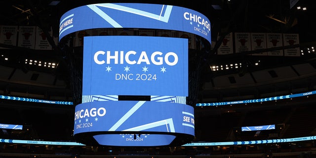 Branding for the Democratic National Convention is displayed on the scoreboard at the United Center on April 11, 2023, in Chicago. Georgia Democrats reportedly felt slighted the DNC did not choose Atlanta. 