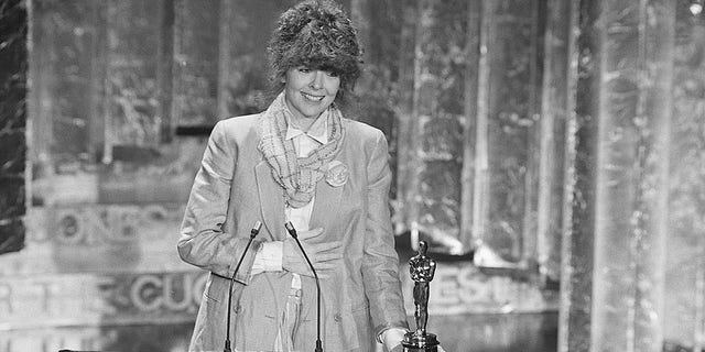 Diane Keaton makes her acceptance speech after she won the Oscar for Best Performance by an Actress in a Leading Role at the 50th Annual Academy Awards presentation in Los Angeles on April 3, 1978.