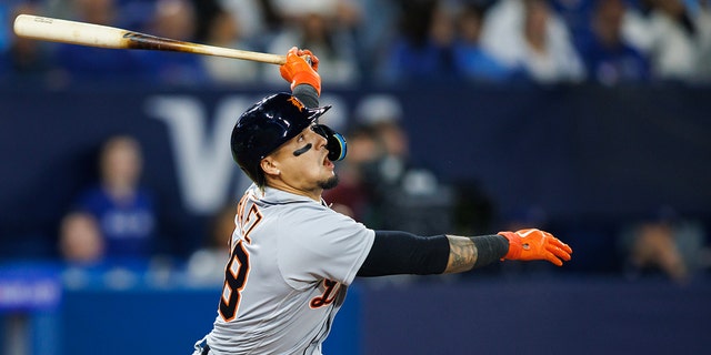 Javier Baez of the Detroit Tigers flies out against the Blue Jays at Rogers Centre on April 12, 2023, in Toronto, Canada.