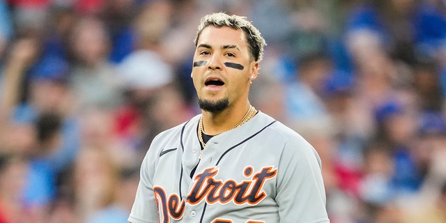Javier Baez of the Detroit Tigers reacts to getting called out on a double play after forgetting to tag up against the Blue Jays at the Rogers Centre on April 13, 2023, in Toronto.