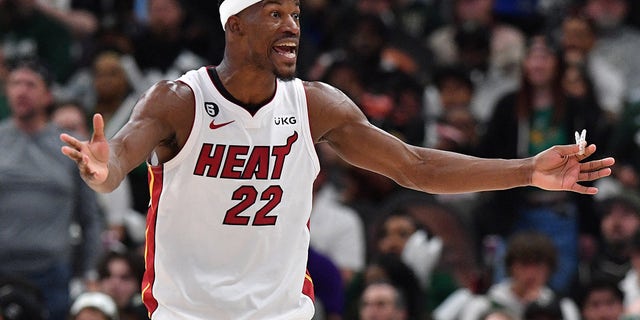 Miami Heat forward Jimmy Butler, #22, argues a call in the second half against the Milwaukee Bucks during game one of the 2023 NBA Playoffs at Fiserv Forum in Milwaukee April 16, 2023.
