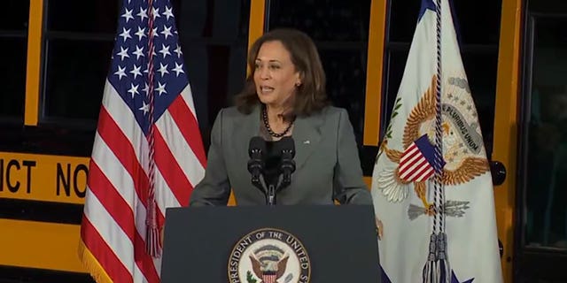 Vice President Kamala Harris touts electric school buses during Seattle appearance.