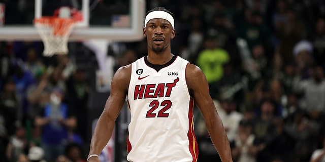 Jimmy Butler #22 of the Miami Heat walks backcourt during the first half of Game One of the Eastern Conference First Round Playoffs against the Milwaukee Bucks at Fiserv Forum on April 16, 2023 in Milwaukee, Wisconsin. 