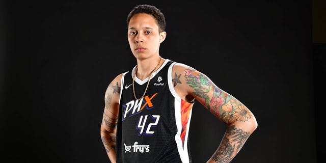 Brittney Griner of the Phoenix Mercury poses for a portrait Jan. 13, 2022, at the Mercury practice facility in Phoenix, Ariz. 