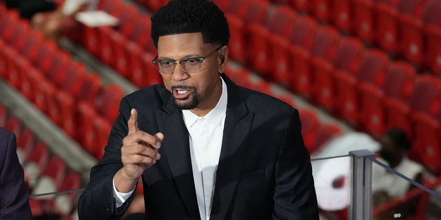 ESPN analyst Jalen Rose speaks before Game 7 of the 2022 NBA Playoffs Eastern Conference Finals on May 29, 2022 at FTX Arena in Miami.