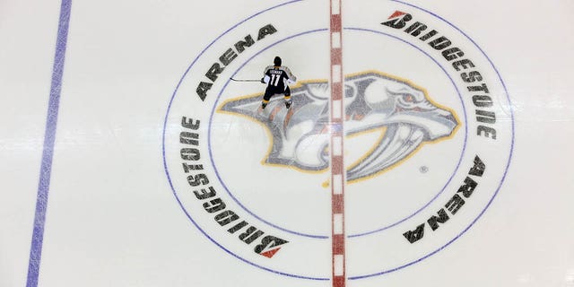 General view as center David Legwand #11 of the Nashville Predators skates over the logo at the Bridgestone Arena prior to a game against  the Edmonton Oilers on March 2, 2010 at the Bridgestone Arena in Nashville, Tennessee.