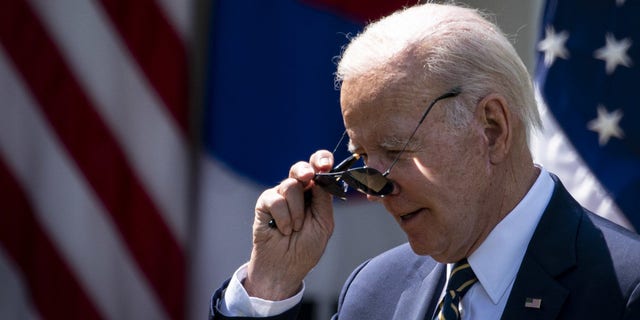 US President Joe Biden puts on sunglasses at a news conference with Yoon Suk Yeol, South Korea's president, not pictured, in the Rose Garden of the White House during a state visit in Washington, DC, US, on Wednesday, April 26, 2023.