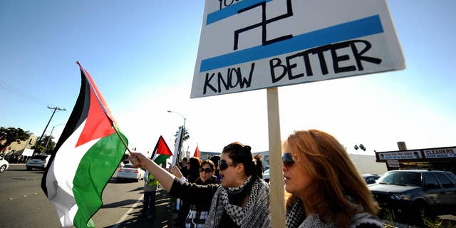 Protesters shout anti-Israeli slogans during a demonstration in Anaheim, Calif., on Jan. 4, 2009.