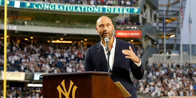 Derek Jeter speaks at Yankee Stadium