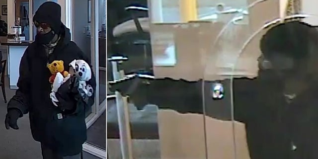 bank robbery suspect holding stuffed animals, holding gun
