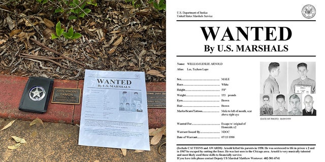 Leslie Arnold wanted poster next to a photo of his grave marker.