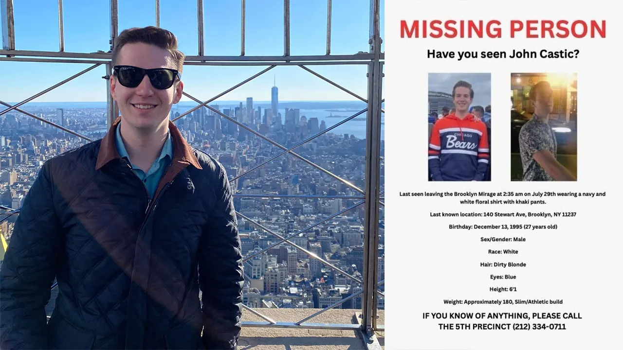 John Castic poses with sun glasses next to a missing persons flyer for him.