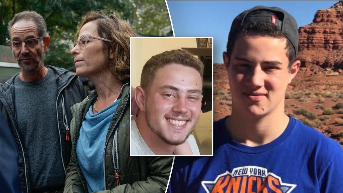A split image of Ronen and Orna Neutra with photos of their son, Omer Neutra, who has been captured by Hamas