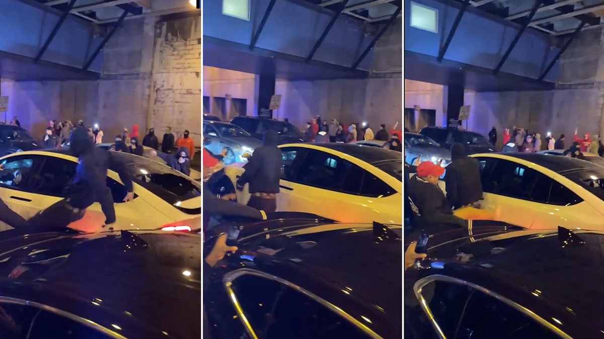 Three images showing a crowd around a white Tesla in chicago.