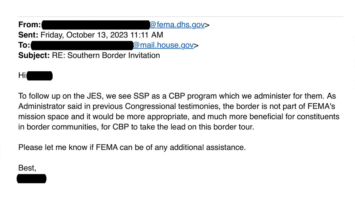 An email obtained by Fox News Digital shows a FEMA official rejecting Rep. Gallego's request for Criswell to visit the border with him. The official also states the border is "not part of FEMA's mission space."