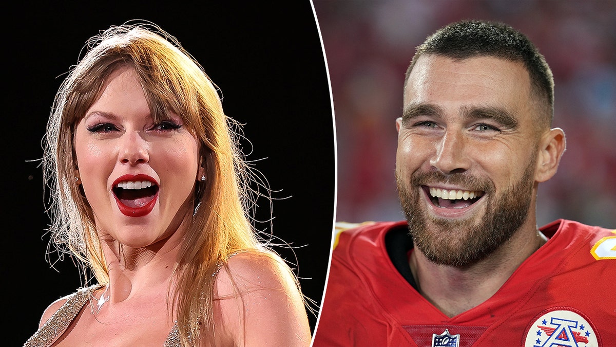 Taylor Swift smiles big with her mouth ajar on stage split Travis Kelce in his red Chiefs uniform laughs on the field