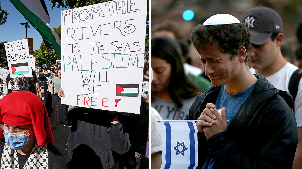 side by side of anti-Israel protest on Cal State Long Beach campus, Jewish student with bowed head