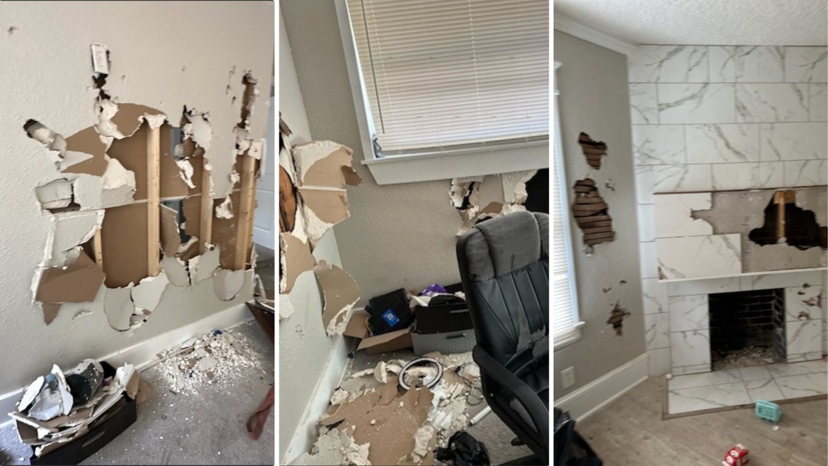 Images of a home destroyed by squatters including walls smashed.